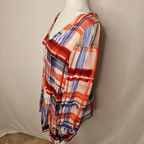 Maeve Anthropologie Lila Tiered Tunic Medium Boho Western Plaid  Top Red Blue - Picture 5 of 10
